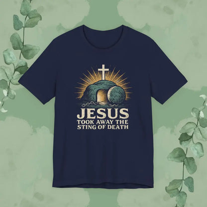 Jesus Took Away the Sting of Death Christian T-Shirt | Cross & Empty Tomb Tee - Navy / S - T-Shirt