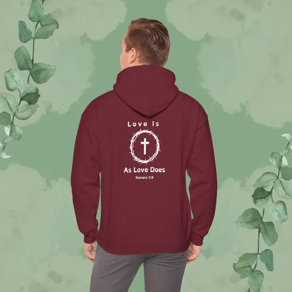 Love Is As Love Does – Romans 5:8 Christian Hoodie - S / Garnet - Hoodie