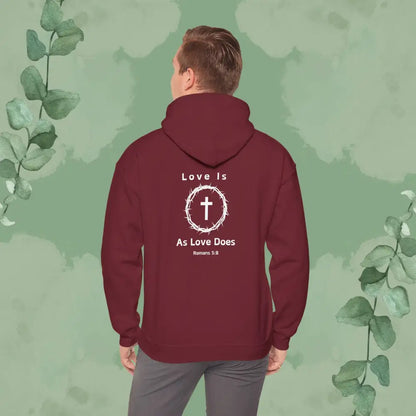 Love Is As Love Does – Romans 5:8 Christian Hoodie - S / Garnet - Hoodie