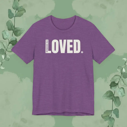 LOVED. – Romans 5:8 T-Shirt - Heather Team Purple / S - T-Shirt
