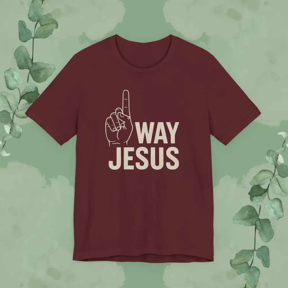 Maroon t-shirt with 'WAY JESUS' text on a green background