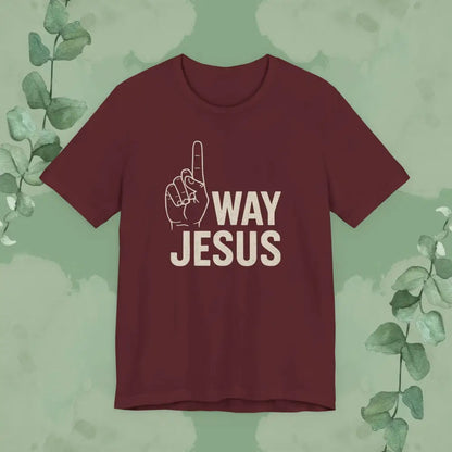 Maroon t-shirt with 'WAY JESUS' text on a green background