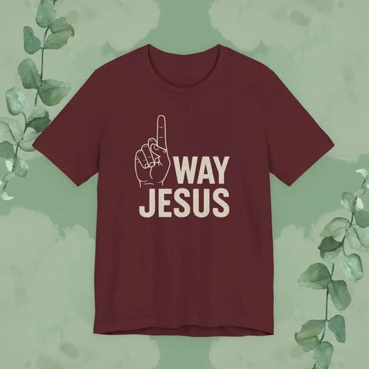 Maroon t-shirt with 'WAY JESUS' text on a green background