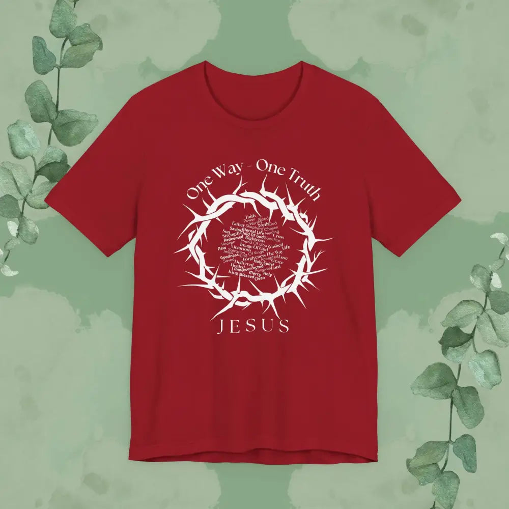One Way – One Truth – Jesus Crown of Thorns T-Shirt – Christian Word Cloud Design - Canvas Red / XS - T-Shirt