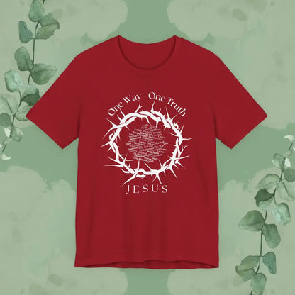 One Way – One Truth – Jesus Crown of Thorns T-Shirt – Christian Word Cloud Design - Canvas Red / XS - T-Shirt