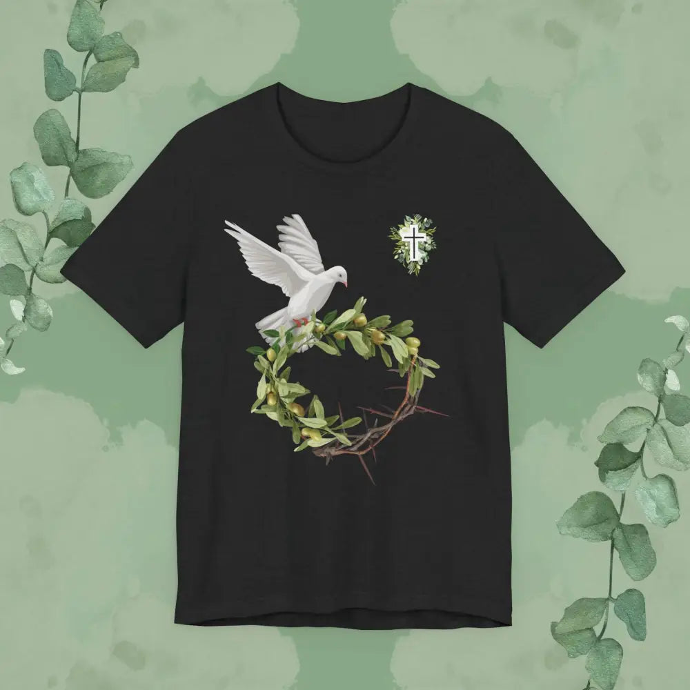 Peace & Redemption Dove T-Shirt – Crown of Thorns and Olive Branch Christian Tee - Solid Black Blend / S - T-Shirt