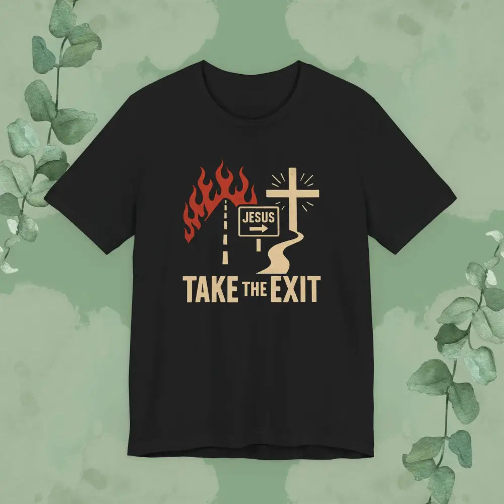 Black t-shirt with graphic design and text 'Take the Exit' on a green background