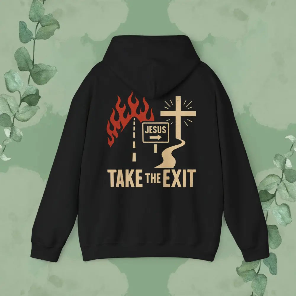 Black hoodie with a graphic design on the back featuring flames, a cross, and text, against a green leafy background.