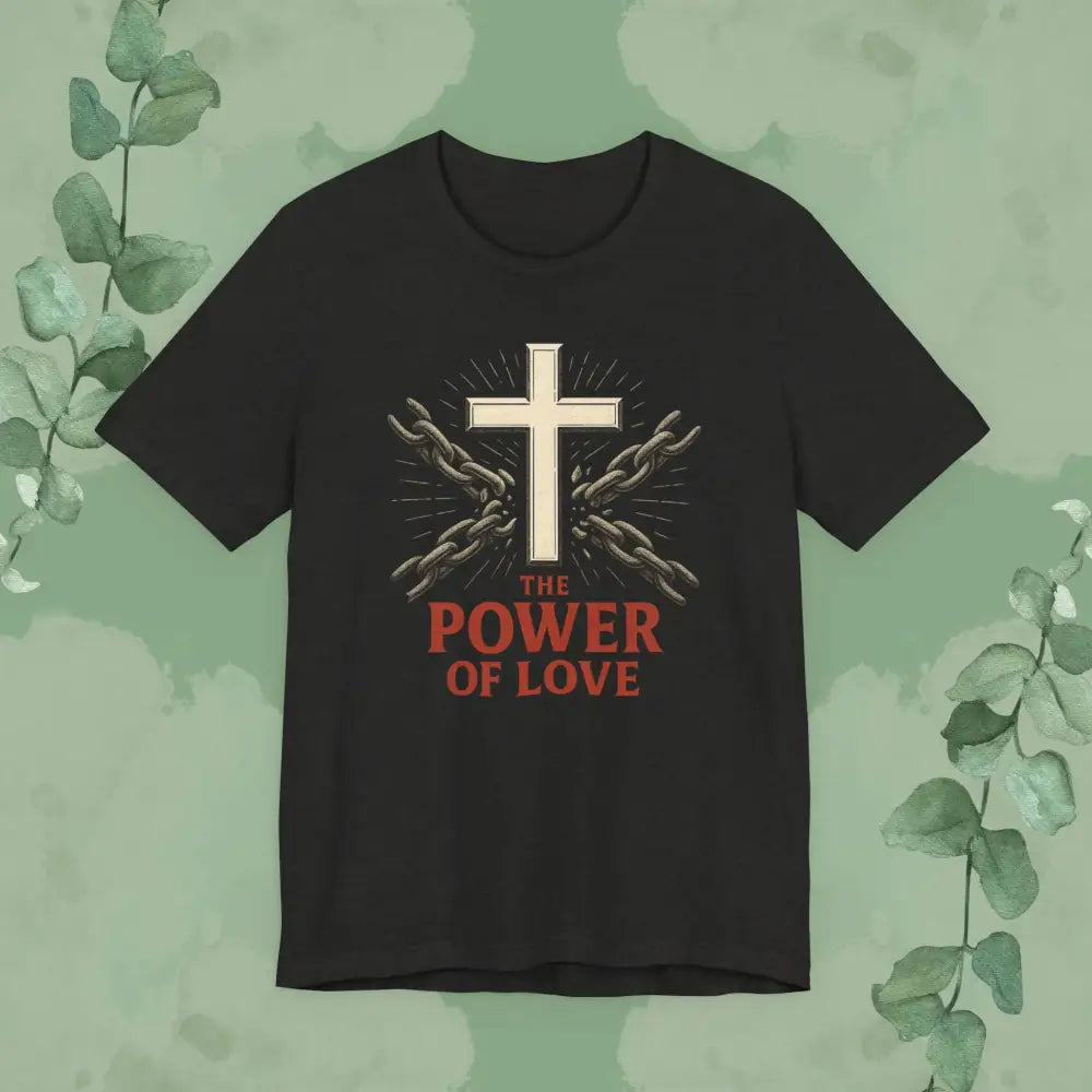 The Power of Love Christian T-Shirt | Cross and Chains Gospel Tee | True Vine Design - Black Heather / S - T-Shirt