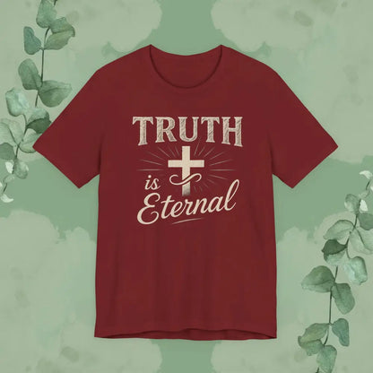 Red t-shirt with 'Truth is Eternal' text and cross design on a green background