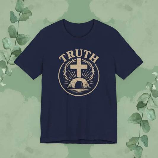 Navy blue t-shirt with 'TRUTH' graphic design on a green background with eucalyptus leaves.