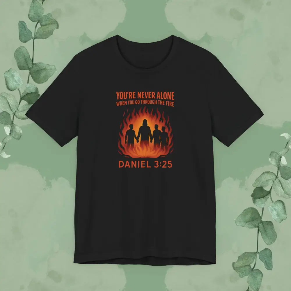 Flat mockup of You’re Never Alone – Daniel 3:25 T-Shirt (Black)