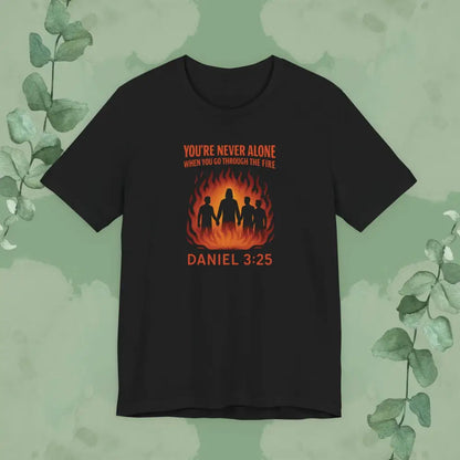 Flat mockup of You’re Never Alone – Daniel 3:25 T-Shirt (Black)